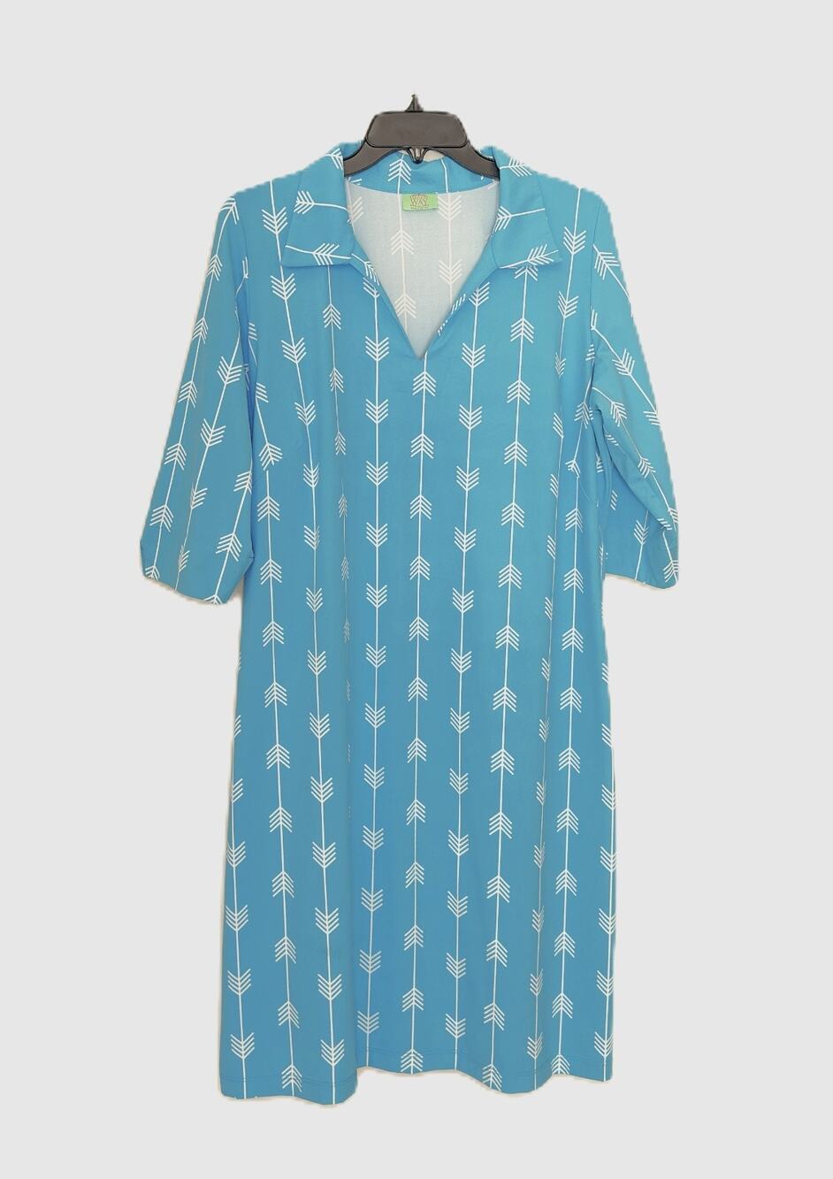 Katherine Way Nylon Blend Dress XL Blue White Arrow Print V-Neck 3/4 Sleeve UPF